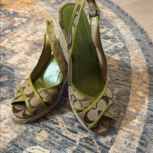 Coach Chartreuse Green and Brown Espadrille Slingbacks with Peep-Toe